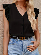 Women’s Sleeveless V-Neck Button-Up Ruffle Blouse