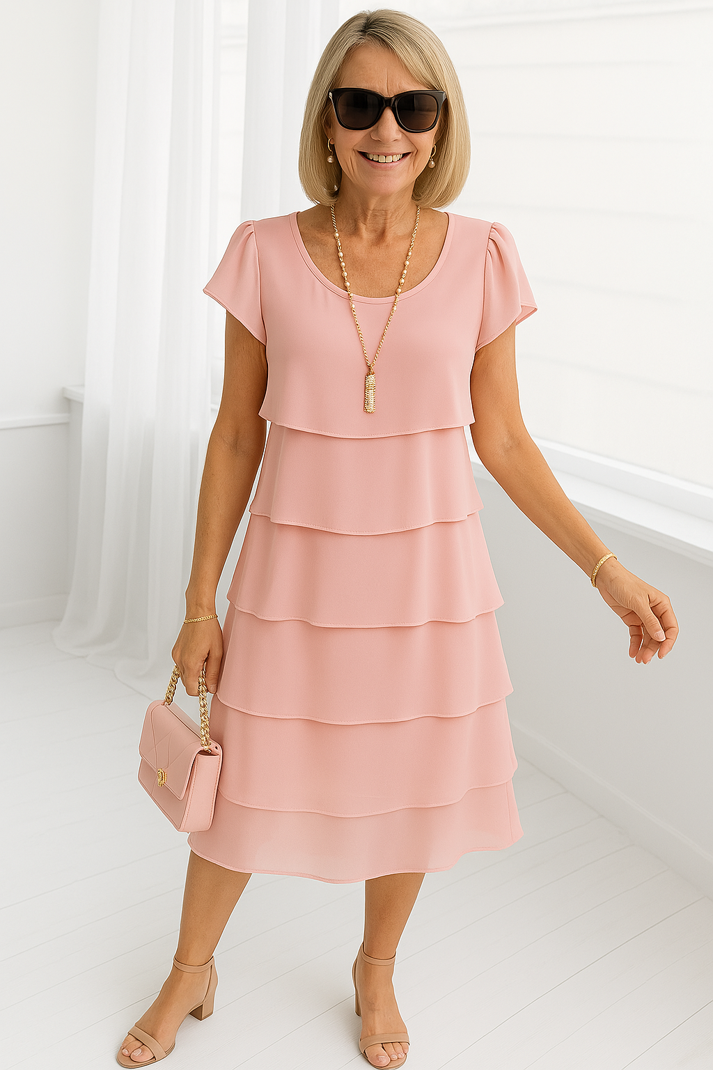 Women’s Tiered Knee-Length Dress with Flutter Sleeves