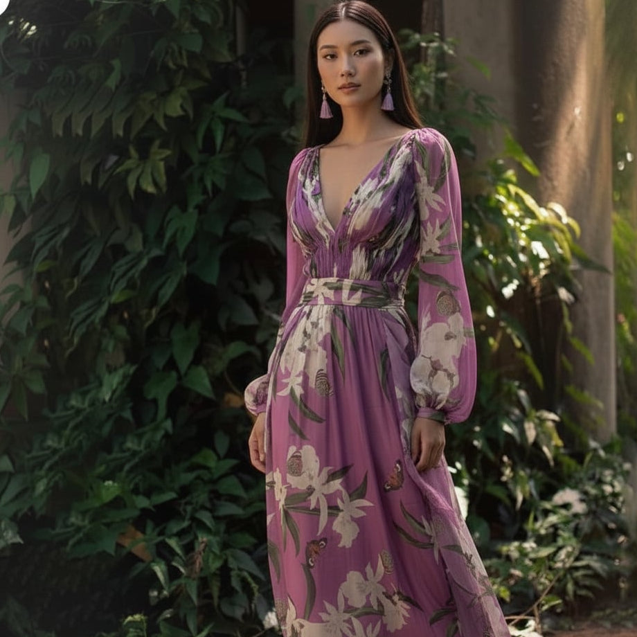 Women’s Long-Sleeve Chiffon Floral V-Neck Maxi Dress