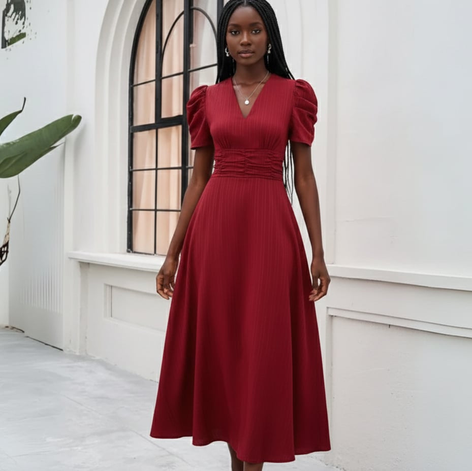 Women’s V-Neck Puff Sleeve Maxi Dress with Fitted Waist
