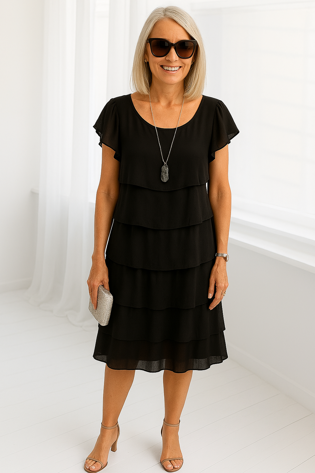 Women’s Tiered Knee-Length Dress with Flutter Sleeves