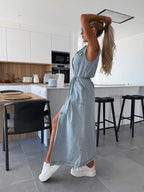 Women’s Sleeveless Denim Maxi Dress with Belted Waist
