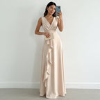 Women's Elegant Wrap Maxi Dress with V-Neck and Asymmetrical Hem