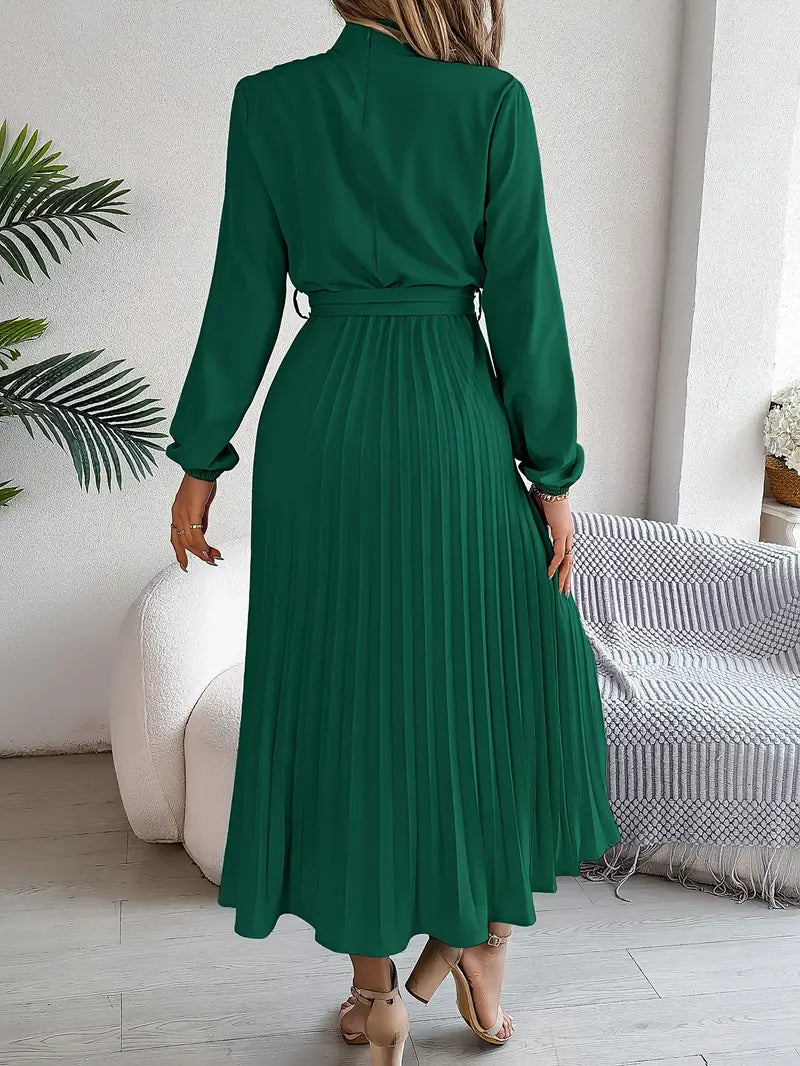 Women’s Pleated Long-Sleeve Belted Midi Dress