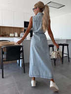 Women’s Sleeveless Denim Maxi Dress with Belted Waist