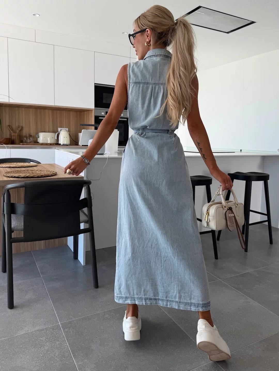 Women’s Sleeveless Denim Maxi Dress with Belted Waist