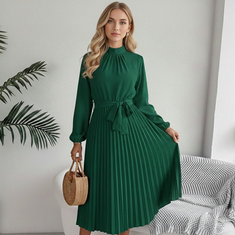 Women’s Pleated Long-Sleeve Belted Midi Dress