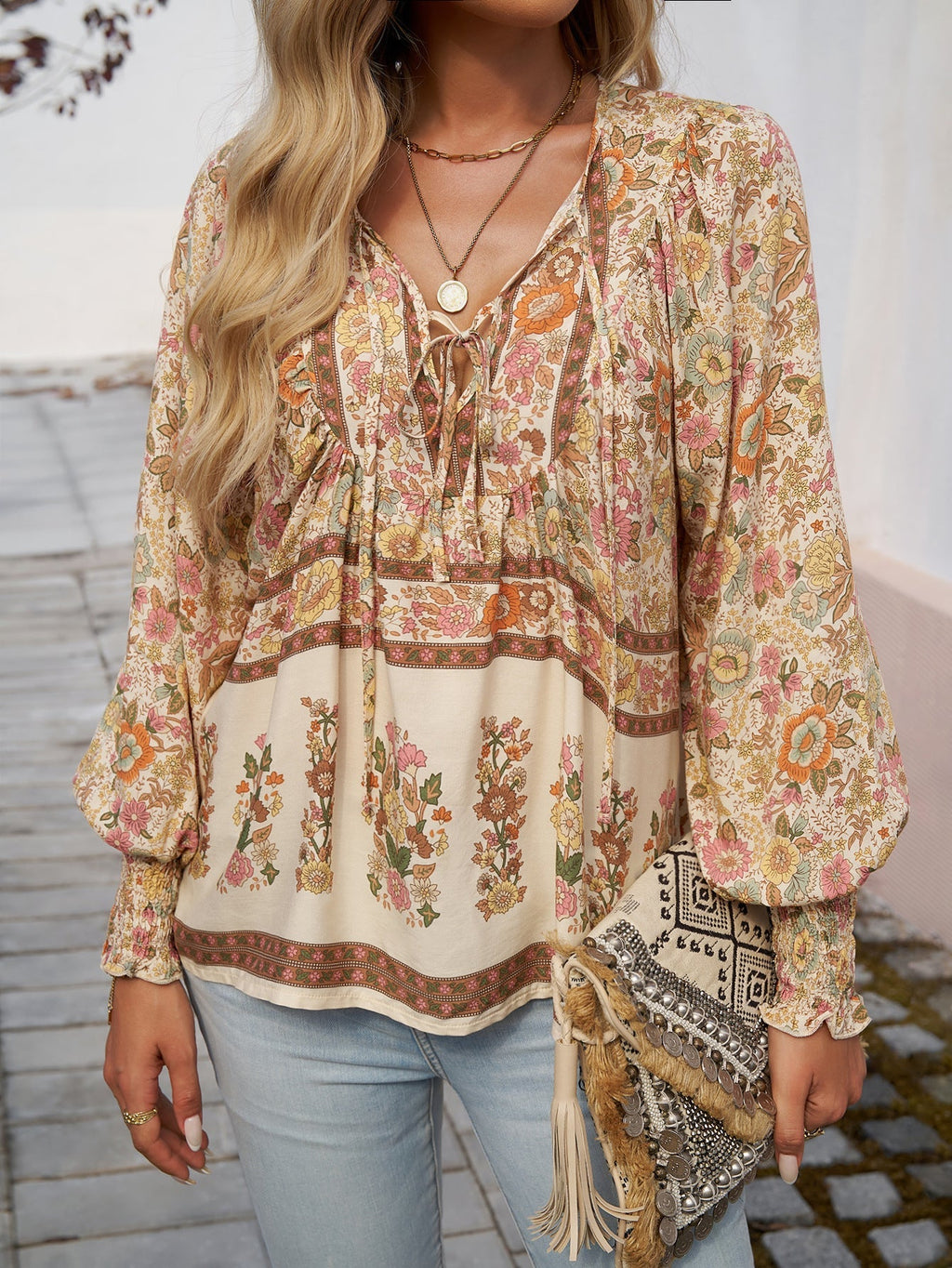 Women’s Boho Floral Tunic Top with V-Neck Tie