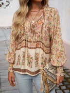 Women’s Boho Floral Tunic Top with V-Neck Tie