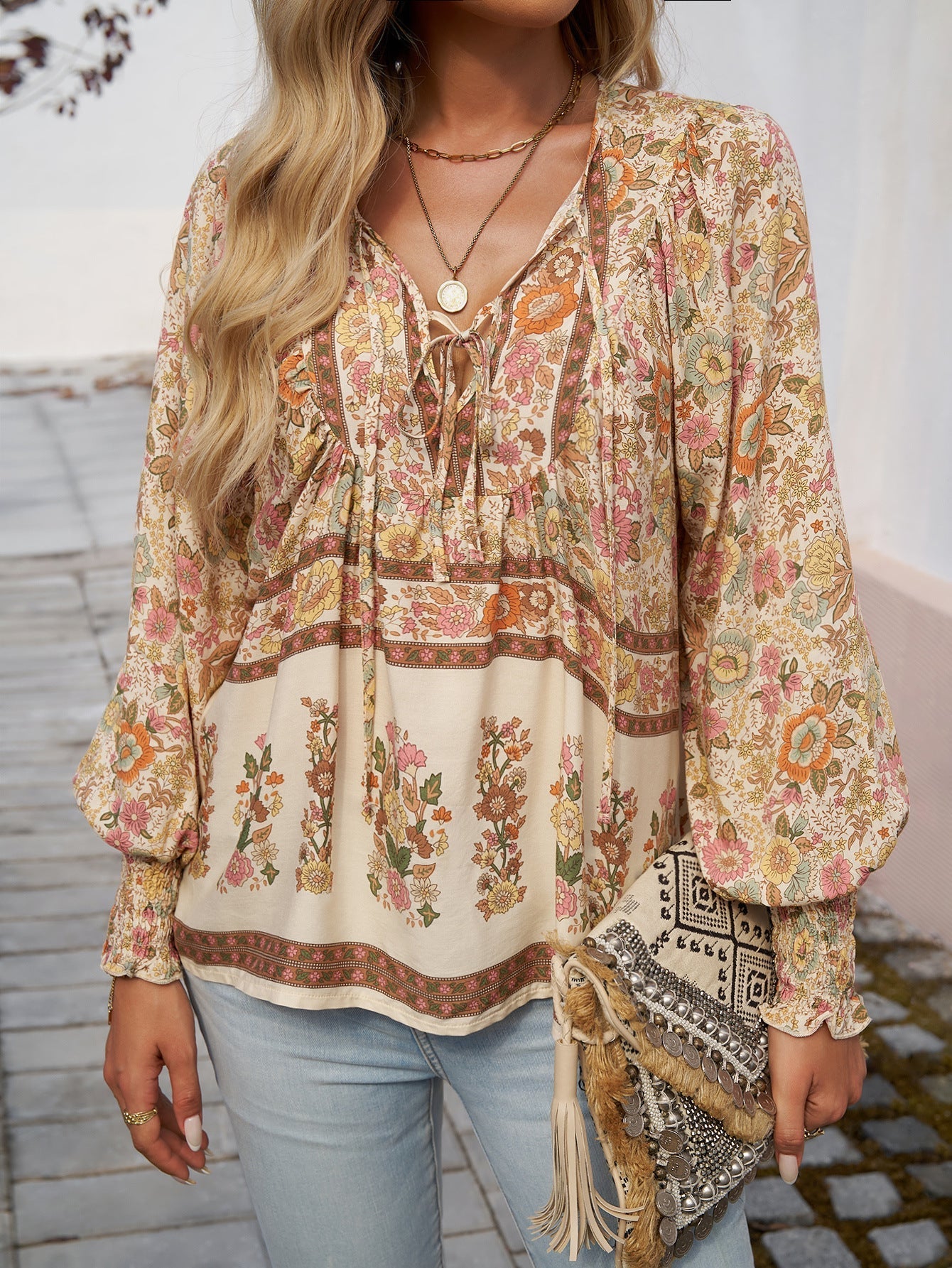 Women’s Boho Floral Tunic Top with V-Neck Tie