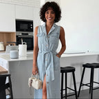 Women’s Sleeveless Denim Maxi Dress with Belted Waist