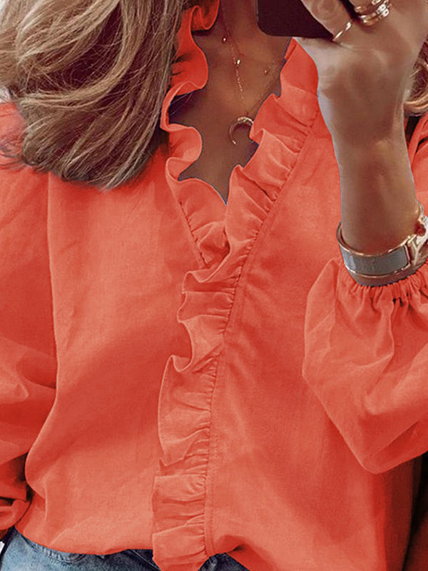 Women’s V-Neck Blouse with Ruffle Puff Sleeves