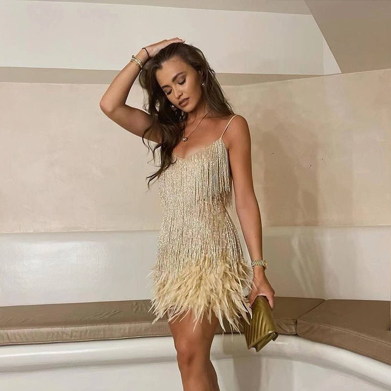 Women’s Fringe Mini Dress with Feather Hem