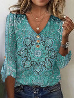 Women’s Floral V-Neck Button Down Blouse