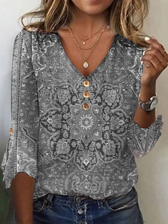 Women’s Floral V-Neck Button Down Blouse