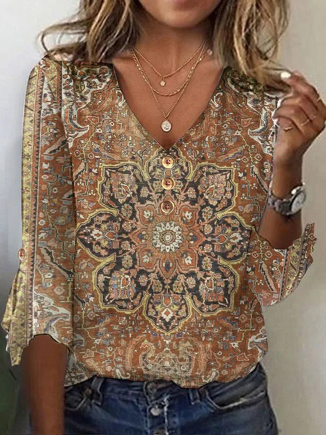 Women’s Floral V-Neck Button Down Blouse