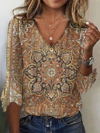 Women’s Floral V-Neck Button Down Blouse