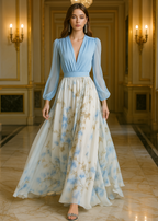 Women’s V-Neck Maxi Dress with Floral Skirt