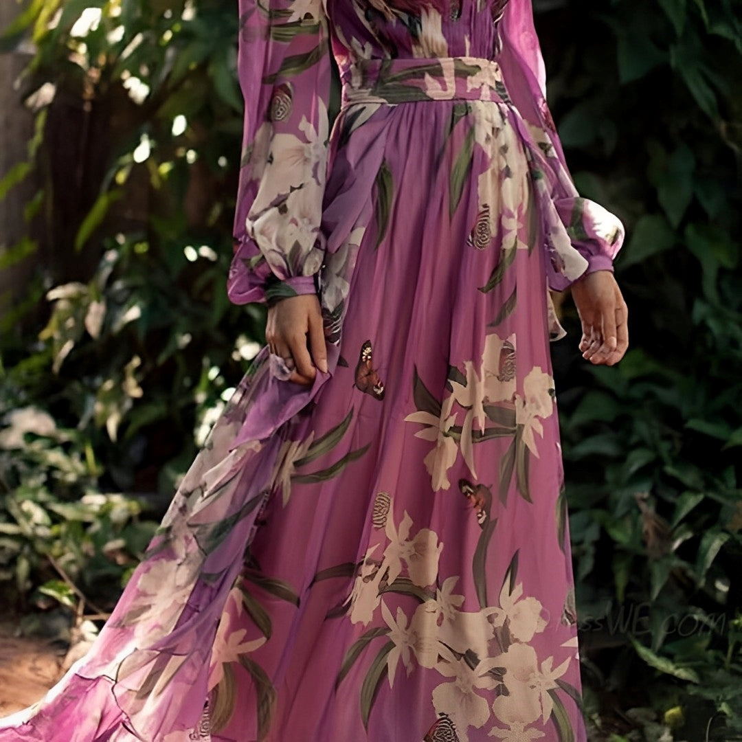 Women’s Long-Sleeve Chiffon Floral V-Neck Maxi Dress