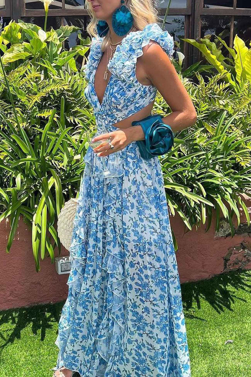 Women’s Floral Maxi Dress with V-Neck and Cutout Waist