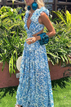 Women’s Floral Maxi Dress with V-Neck and Cutout Waist