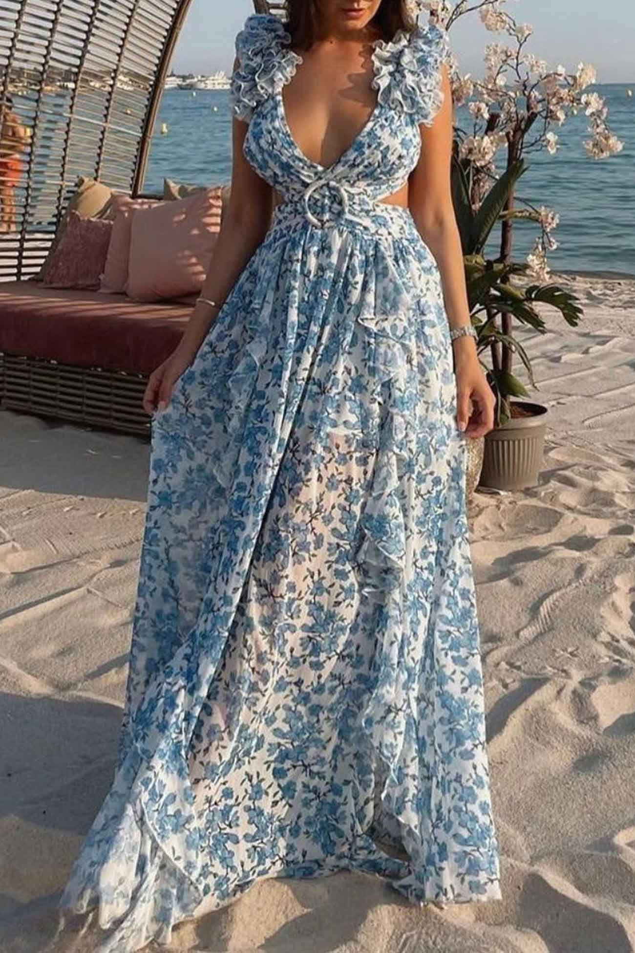 Women’s Floral Maxi Dress with V-Neck and Cutout Waist