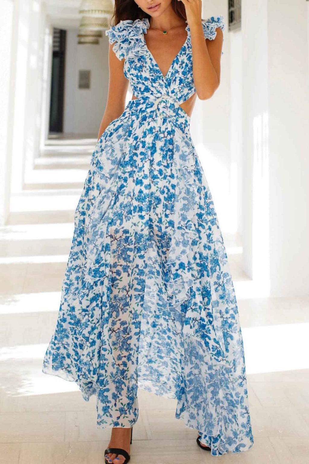 Women’s Floral Maxi Dress with V-Neck and Cutout Waist