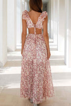 Women’s Floral Maxi Dress with V-Neck and Cutout Waist