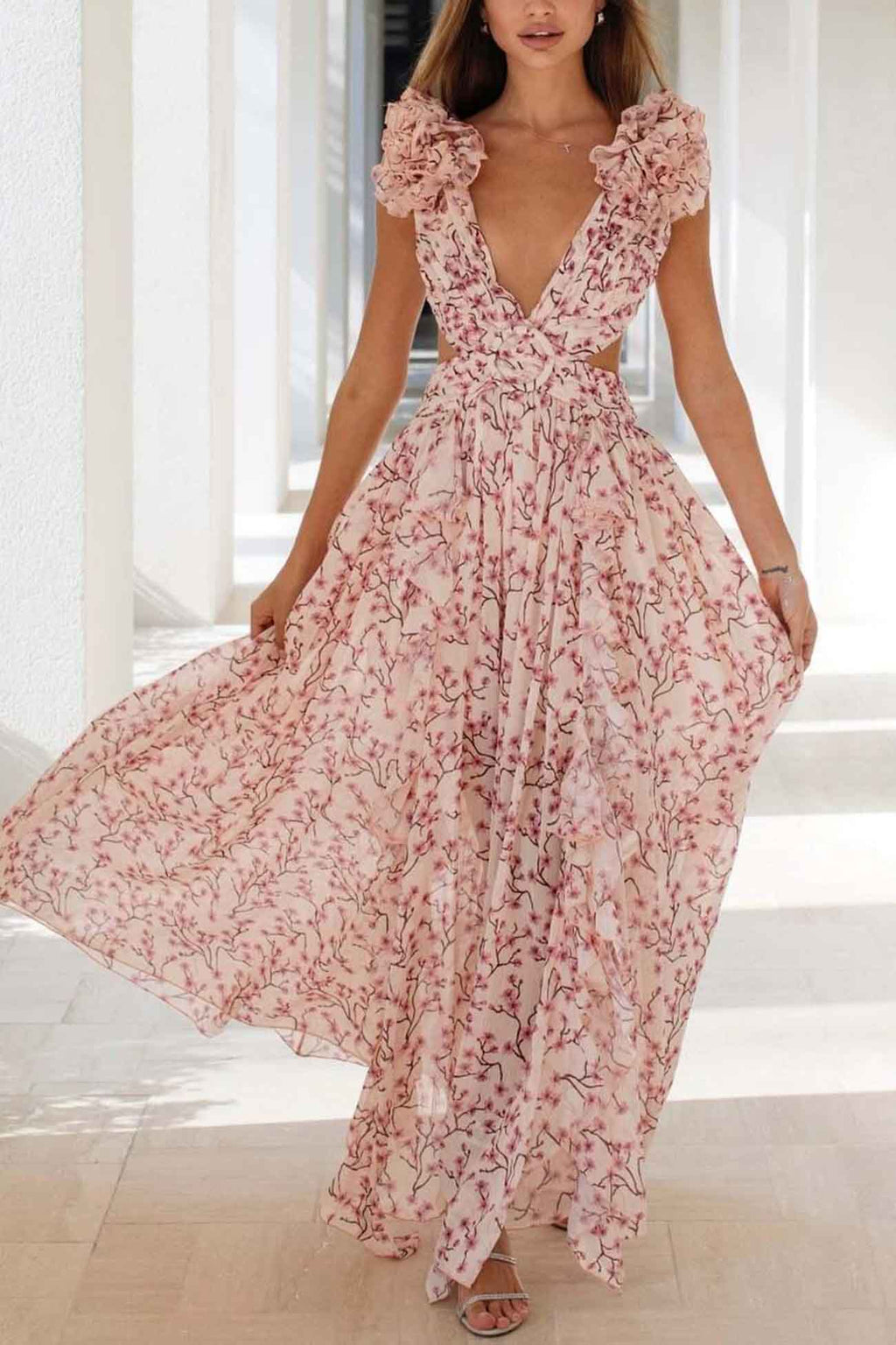 Women’s Floral Maxi Dress with V-Neck and Cutout Waist