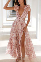 Women’s Floral Maxi Dress with V-Neck and Cutout Waist