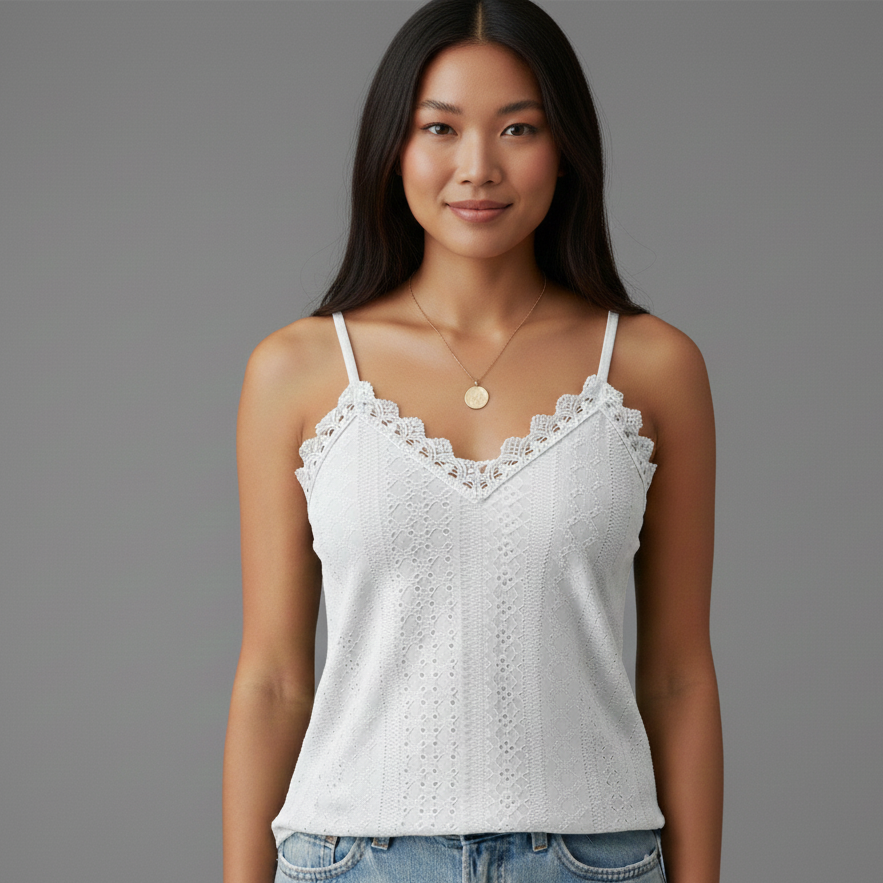 Women's Sleeveless Lace-Trim V-Neck Top with Eyelet Detailing