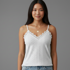 Women's Sleeveless Lace-Trim V-Neck Top with Eyelet Detailing