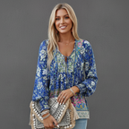 Women’s Boho Floral Tunic Top with V-Neck Tie