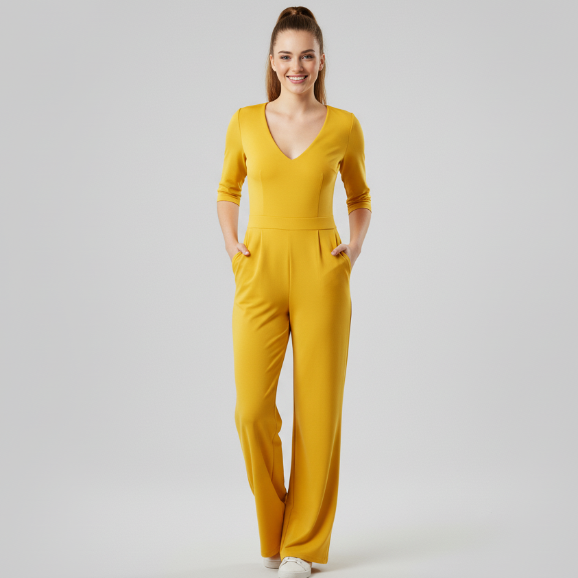 Yellow V-Neck Three-Quarter Sleeve Jumpsuit