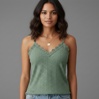 Women's Sleeveless Lace-Trim V-Neck Top with Eyelet Detailing