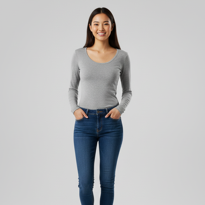 Grey Scoop Neck Long-Sleeve Top