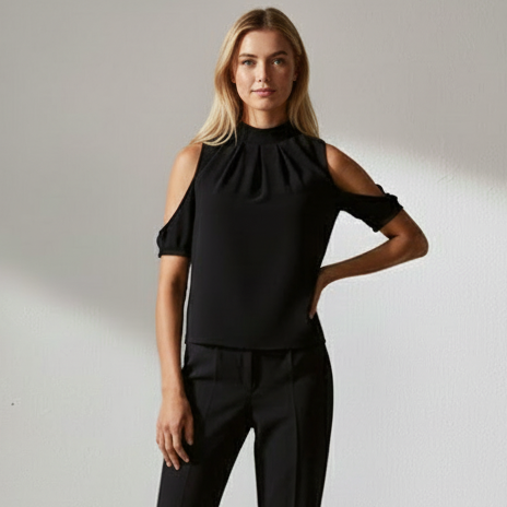 Women’s Pleated High-Neck Cut-Out Sleeve Blouse