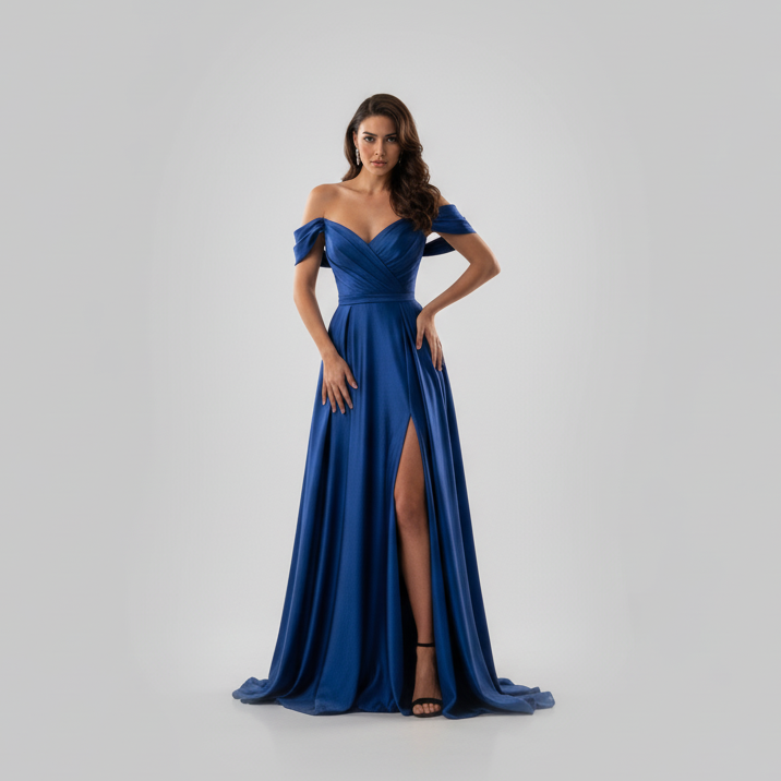 Off-Shoulder Blue Evening Maxi Dress
