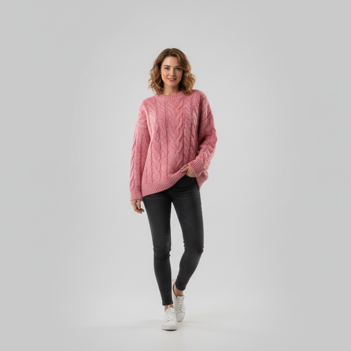 Pink Cable Knit Long-Sleeve Sweater