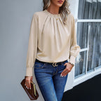 Women’s Long Sleeve Pleated Round-Neck Blouse