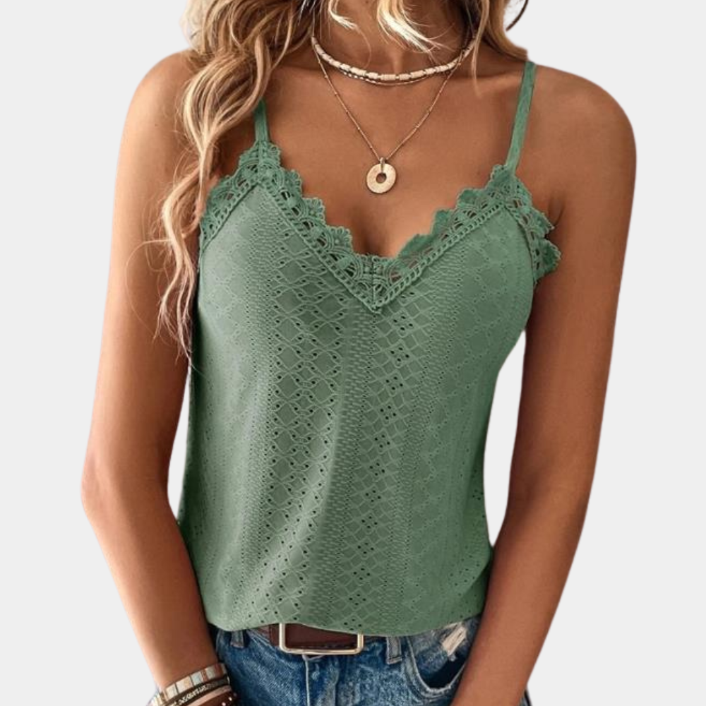 Women's Sleeveless Lace-Trim V-Neck Top with Eyelet Detailing