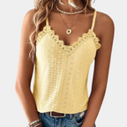 Women's Sleeveless Lace-Trim V-Neck Top with Eyelet Detailing