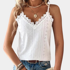 Women's Sleeveless Lace-Trim V-Neck Top with Eyelet Detailing