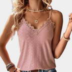 Women's Sleeveless Lace-Trim V-Neck Top with Eyelet Detailing