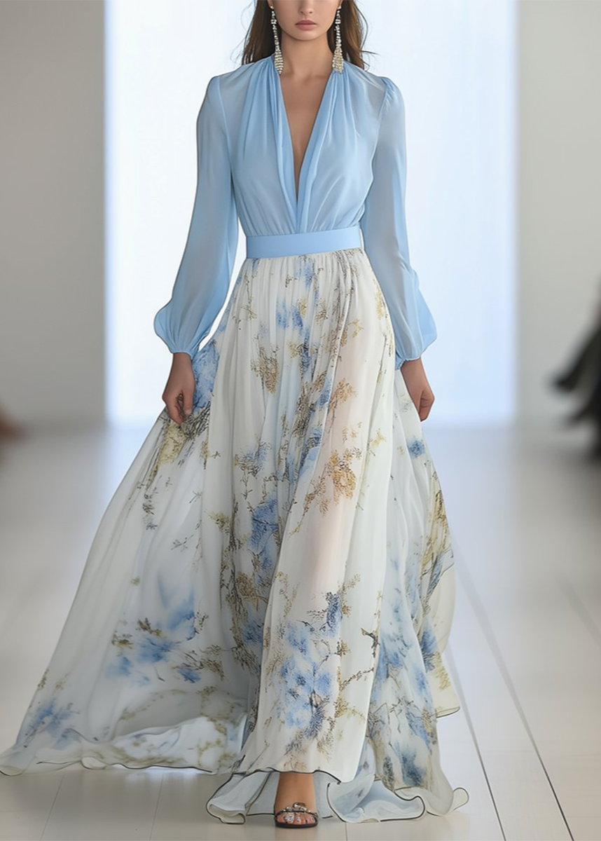 Women’s V-Neck Maxi Dress with Floral Skirt