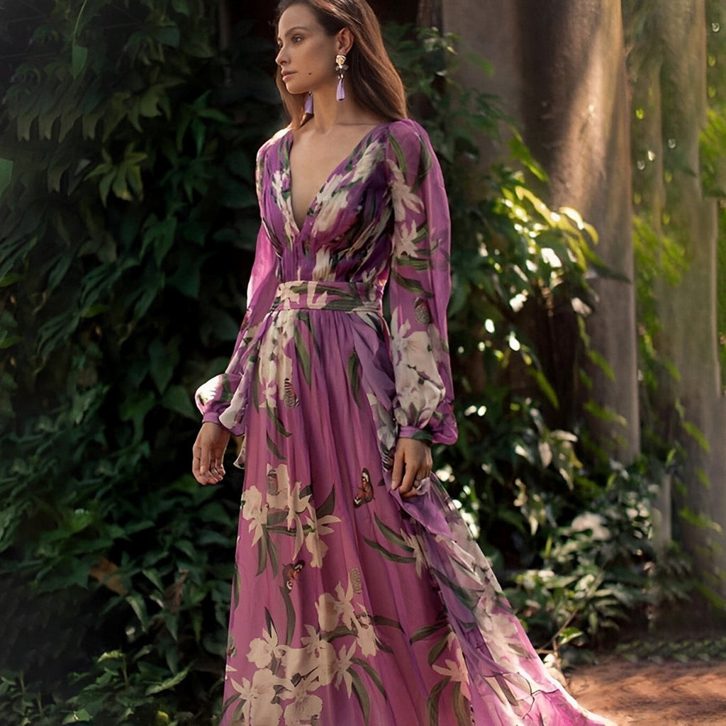 Women’s Long-Sleeve Chiffon Floral V-Neck Maxi Dress