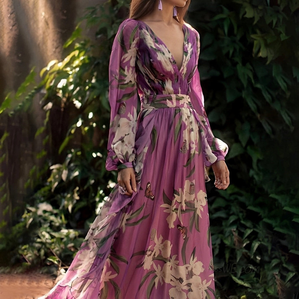 Women’s Long-Sleeve Chiffon Floral V-Neck Maxi Dress