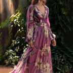 Women’s Long-Sleeve Chiffon Floral V-Neck Maxi Dress