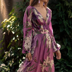 Women’s Long-Sleeve Chiffon Floral V-Neck Maxi Dress