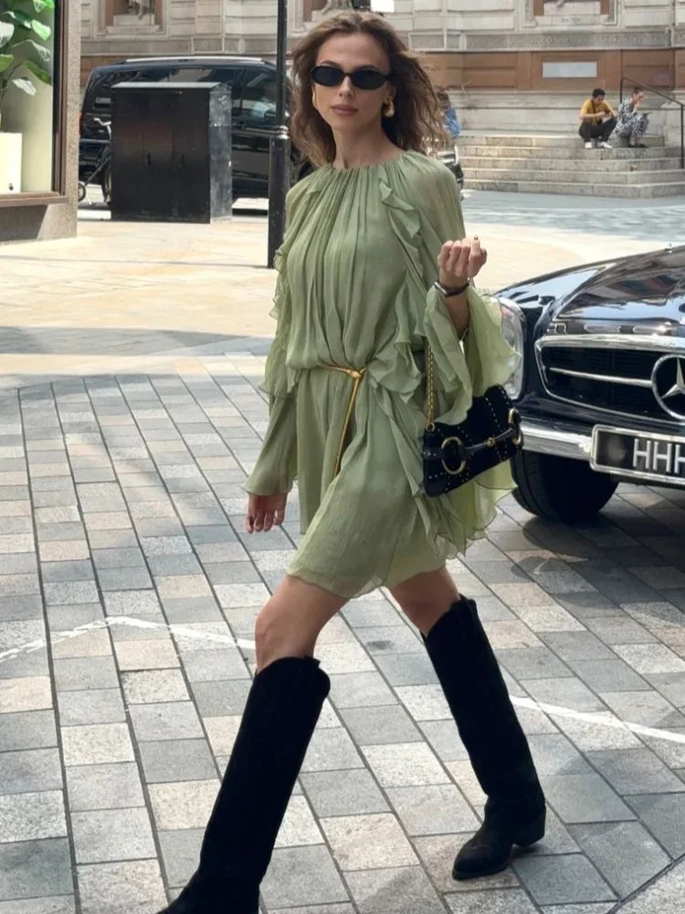 Women’s High-Neck Ruffle Long Sleeve Mini Dress